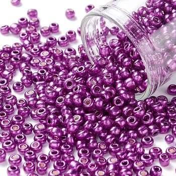 8/0 Glass Seed Beads, Metallic Colours Style, Round, Purple, 8/0, 3mm, Hole: 1mm, about 10000pcs/pound