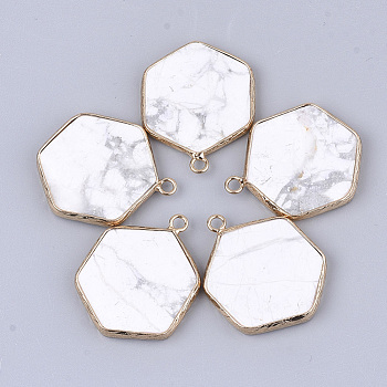 Natural Howlite Pendants, with Brass Findings, Hexagon, Golden, 30~31x24~25x2~3mm, Hole: 2mm