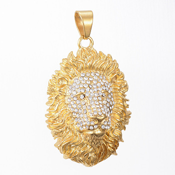 304 Stainless Steel Big Pendants, with Rhinestone, Lion, Golden, 57.5x39x17mm, Hole: 11x8mm