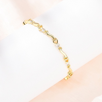 Brass Micro Pave Clear Cubic Zirconia Link Chain Bracelets for Women, Heart, Rack Plating, Long-Lasting Plated, Cadmium Free & Lead Free, Real 18K Gold Plated, 7-5/8 inch(19.5cm)