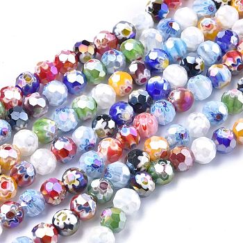 Faceted Round Handmade Millefiori Glass Beads Strands, AB Color Plated, Mixed Color, 9.5~10mm, Hole: 1.5mm, about 38pcs/strand, 14.1 inch