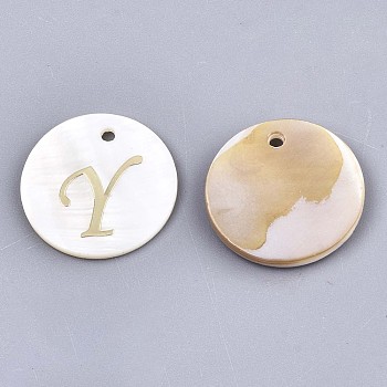 Natural Freshwater Shell Pendants, with Golden Plated Brass Etched Metal Embellishments, Flat Round with Letter, Letter.Y, 15x2mm, Hole: 1.2mm