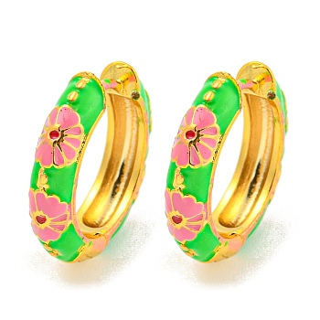 Rack Plating Brass Hoop Earrings, with Flower Enamel, Cadmium Free & Lead Free, Long-Lasting Plated, Real 18K Gold Plated, Lime, 19x4.5mm