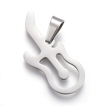 304 Stainless Steel Pendants, Guitar, Stainless Steel Color, 30x13x1.5mm, Hole: 4x6.5mm