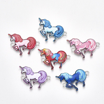 Printed Alloy Links connectors, with Enamel, Unicorn, Platinum, Mixed Color, 21x24.5x2mm, Hole: 2mm