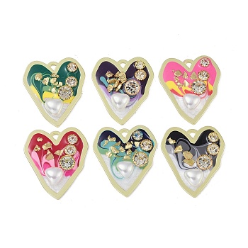Rack Plating Alloy Enamel Pendants, with Resin, ABS Imitation Pearl Beads, Rhinestone and Glass Beads, Cadmium Free & Nickel Free & Lead Free, Heart, Mixed Color, 40x34.5x7mm, Hole: 3x3mm