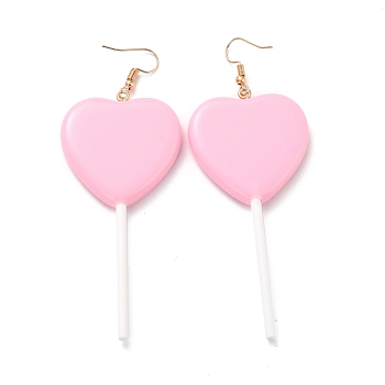 Heart-shape Lollipop Dangle Earrings for Women, Candy Color Simulation Food Drop Earrings, Golden, Pink, 97~99mm, Pin: 0.5mm
