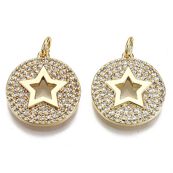 Brass Micro Pave Clear Cubic Zirconia Pendants, with Jump Rings, Nickel Free, Flat Round with Star, Real 16K Gold Plated, 18.5x16.5x3mm, Jump Ring: 5x0.8mm, Inner Diameter: 3mm