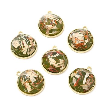Resin Shell Pendants, with Alloy Findings, Half Round, Olive Drab, 25.5x22x9mm, Hole: 2mm