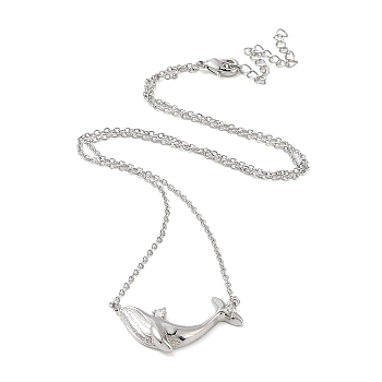 Clear Cubic Zirconia Whale Pendant Necklace with Brass Cable Chains, Platinum, 17.52 inch(44.5cm)