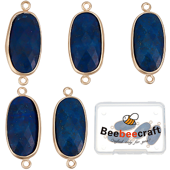 5Pcs Natural Lapis Lazuli Connector Charms, with Light Gold Plated Edge Brass Loops, Faceted Oval Links, 27x11x5.5mm, Hole: 2mm
