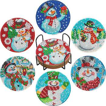 DIY Christmas Theme Diamond Painting Coaster Kits, Including Acrylic Cup Mat, Cork Mat, Iron Coaster Stand, Resin Rhinestones Bag, Diamond Sticky Pen, Tray Plate and Glue Clay, Colorful, 100mm, 6pcs/set