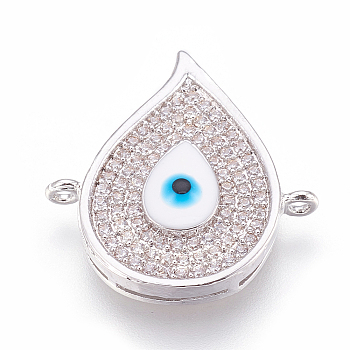 Brass Micro Pave Cubic Zirconia Links, with Enamel Eye, teardrop, Clear, Platinum, 20.5x20x4mm, Hole: 1.2mm and 0.5mm