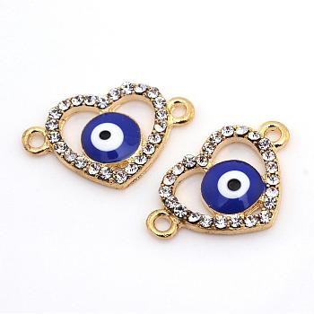 Alloy Rhinestone Links connectors, Enamel Style, Heart with Evil Eye, Light Gold, 15x23.5x2.5mm, Hole: 2mm