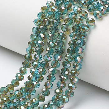 Electroplate Glass Beads Strands, Half Plated, Rainbow Plated, Faceted, Rondelle, Medium Turquoise, 6x5mm, Hole: 1mm, about 85~88pcs/strand, 16.1~16.5 inch(41~42cm)