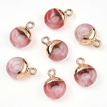 Watermelon Stone Glass Flat Round/Donut Charms, with Rack Plating Golden Tone Brass Loops, 14x10mm
