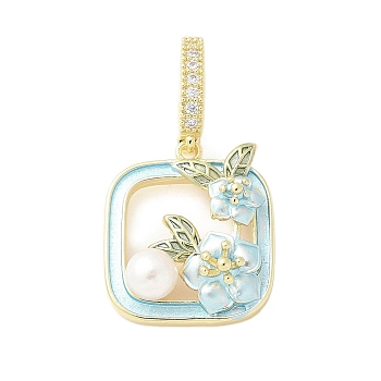 Brass Enamel Pendants, with Natural Freshwater Pearls and Brass Micro Pave Cubic Zirconia Clasp, Square with Flower Charm, Light Sky Blue, 20x18x6mm, Hole: 8x5mm