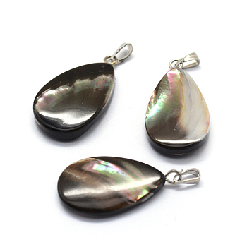 Shell Pendants, with Brass Findings, teardrop, Dyed, Platinum, 27~28x15~17x3~5mm, Hole: 2x5mm
