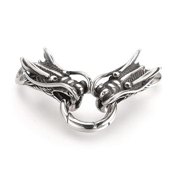 304 Stainless Steel Spring Gate Rings, O Rings, with Two Cord End Caps, Dragon Head, Antique Silver, 70x12x14mm