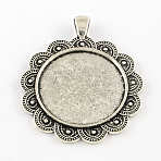 Tibetan Style Flower Alloy Big Pendants Cabochon Settings, Cadmium Free & Lead Free, Antique Silver, Tray: 30mm, 52x43x2.5mm, Hole: 6x4mm, about 100pcs/1000g(TIBEP-Q055-08AS-RS)
