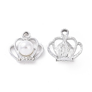 Alloy Crystal Rhinestone Pendants, with ABS Plastic Imitation Pearl Bead, Crown Charms, Platinum, 17.5x18x8.5mm, Hole: 2.5mm(ALRI-C008-25P)