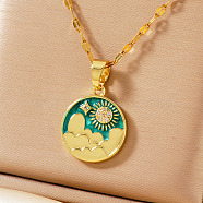 Brass Green Enamel 3D Flat Round Sky Sun Pendant Necklaces, Golden, 15.75 inch(40cm)(AR2379-2)