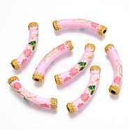 Pack Plating Alloy Enamel Beads, Matte Gold Color, Curved Tube with Flower, Pearl Pink, 9.5x37x7mm, Hole: 3mm(ENAM-M048-33MG-A)