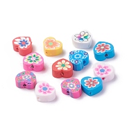 Handmade Polymer Clay Beads, Heart with Flower Pattern, Mixed Color, 7.5~10x8~10.5x4~5mm, Hole: 1.5mm(CLAY-I010-16)