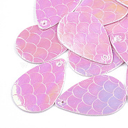 PU Leather Pendants, Teardrop with Mermaid Fish Scale Pattern, Pearl Pink, 39.5x25x1mm, Hole: 1.5mm(X-FIND-T020-078C)
