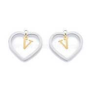 201 Stainless Steel Pendants, Hollow, Heart with Letter A~Z, Real Gold Plated & Stainless Steel Color, Letter.V, 29x29.5x1mm, Hole: 2mm, A~Z: 12x8~10.5x1mm(STAS-N090-LA894-V-P)