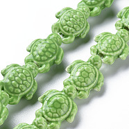 Handmade Porcelain Ceramic Beads Strands, Famille Rose Style, Tortoise, Lime Green, 19.5x15x8mm, Hole: 1.8mm, about 17~18pcs/strand, 11.42~12.24 inch(29~31.1cm)(PORC-Q265-007G)