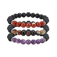 3Pcs 3 Colors Dyed Natural Agate Beads Stretch Bracelets, with Synthetic Lava Rock Beads, Alloy Beads and Velvet Bag, Round, Mixed Color, Inner Diameter: 2-1/8 inch(5.5cm), 1pc/color(BJEW-SZ0001-23)