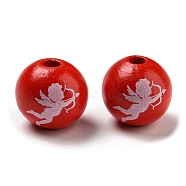 Printed Wood Beads, Valentine's Day Round Beads, Red, Angel & Fairy, 16mm, Hole: 3~4.4mm(WOOD-A022-01G)
