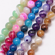 Natural Striped Agate/Banded Agate Bead Strands, Round, Grade A, Dyed & Heated, Mixed Color, 6mm, Hole: 1mm, about 61pcs/strand, 15 inch(G-K166-13-6mm)