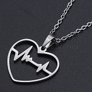 201 Stainless Steel Pendants Necklaces, with Cable Chains and Lobster Claw Clasps, Heart with Heartbeat, Stainless Steel Color, 17.71 inch(45cm), 1.5mm(NJEW-S105-JN696-45-1)