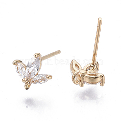 Brass Micro Cubic Zirconia Stud Earring Findings, with Loop, Real 18K Gold Plated, Nickel Free, Flower, Clear, 8x8mm, Hole: 1mm, Pin: 0.8mm(X-KK-N231-03-NF)
