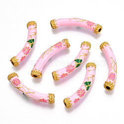 Pack Plating Alloy Enamel Beads, Matte Gold Color, Curved Tube with Flower, Pearl Pink, 9.5x37x7mm, Hole: 3mm(ENAM-M048-33MG-A)