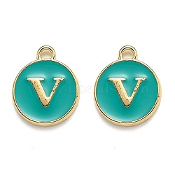 Golden Plated Alloy Enamel Charms, Enamelled Sequins, Flat Round with Alphabet, Letter.V, Green, 14x12x2mm, Hole: 1.5mm(ENAM-Q437-15V)