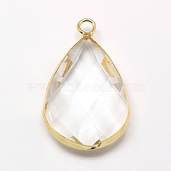 Golden Tone Brass Glass Teardrop Pendants, Faceted, Clear, 18x10x5mm, Hole: 2mm(GLAA-M006-A-23G)