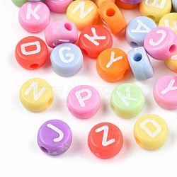 Opaque Acrylic Beads, Flat Round with Random White Letter A~Z, Mixed Color, 7x4mm, Hole: 1.8mm, about 3600pcs/500g(MACR-T027-02)