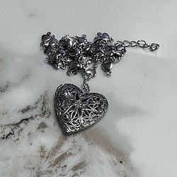 201 Stainless Steel Flower Embossed Heart Locket Pendant Necklaces, Stainless Steel Color, 17.72 inch(45cm)(FS-WG7690C-03)