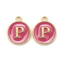 Golden Plated Alloy Enamel Charms, Cadmium Free & Lead Free, Enamelled Sequins, Flat Round with Letter, Camellia, Letter.P, 14x12x2mm, Hole: 1.5mm(X-ENAM-S118-08P)