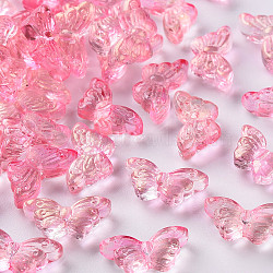 Transparent Spray Painted Glass Beads, with Glitter Powder, Butterfly, Hot Pink, 8x15x4.5mm, Hole: 1mm(GLAA-S190-018A-01)