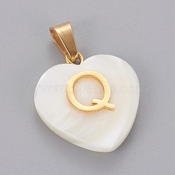 Shell Pendants, with 304 Stainless Steel Findings, Heart with Letter, Golden, Letter.Q, 23.5x20x7mm, Hole: 3.5x7mm(STAS-F210-17G-Q)