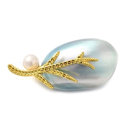 Oval Natural Dyed White Shell Brooches for Women, with Brass Pin & Pearl, Real Gold Plated, Sky Blue, 24~24.5x49.5~57x14~18.5mm(JEWB-E031-04G-01)