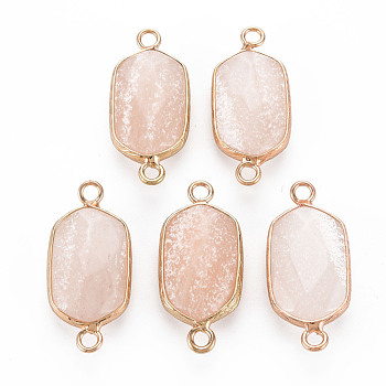 Natural Rose Quartz Link Connectors, with Golden Plated Brass Edge and Loop, Faceted, Oval, 29x13x6~7mm, Hole: 2mm