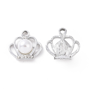 Alloy Crystal Rhinestone Pendants, with ABS Plastic Imitation Pearl Bead, Crown Charms, Platinum, 17.5x18x8.5mm, Hole: 2.5mm