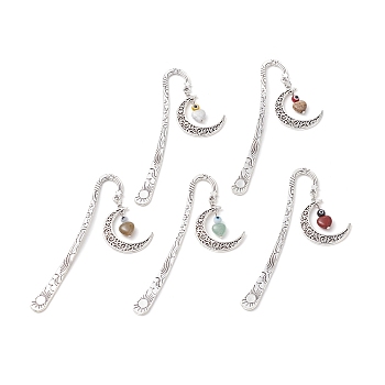 Mixed Natural Heart Gemstone Bookmarks with Lampwork Evil Eye, Tibetan Style Alloy Hook Bookmark, Moon Pendant Bookmark, 121mm