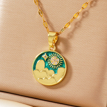 Brass Green Enamel 3D Flat Round Sky Sun Pendant Necklaces, Golden, 15.75 inch(40cm)