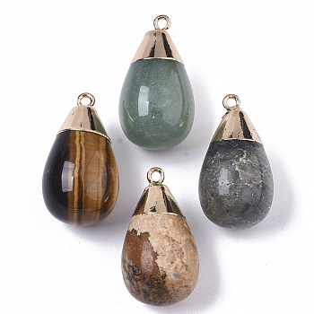 Top Golden Plated Natural Mixed Gemstones Pendants, with Iron Loop, Teardrop, 28~29.5x16mm, Hole: 1.6mm